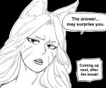  1girl absurdres animal_ears bb_(baalbuddy) black_background commentary english_commentary english_text facial_mark fox_ears fox_news greyscale highres lipstick looking_at_viewer makeup monochrome original parted_lips simple_background solo sweatdrop whisker_markings 