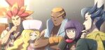  2girls 3boys alder_(pokemon) arm_hair bangs black_hair blonde_hair blunt_bangs caitlin_(pokemon) closed_mouth commentary_request crossed_arms dark-skinned_male dark_skin glasses grimsley_(pokemon) hand_on_own_chin hand_up hat jewelry long_hair marshal_(pokemon) multicolored_hair multiple_boys multiple_girls necklace orange_hair parted_bangs pointy_hair poke_ball pokemon pokemon_(game) pokemon_bw poncho popped_collar purple_hair red_hair sanwari_(aruji_yume) scarf shauntal_(pokemon) short_hair sidelocks signature smile spiked_hair stroking_own_chin two-tone_hair wavy_hair yellow_scarf 