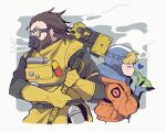  1boy 1girl animification apex_legends bangs beard blonde_hair blue_headwear bodysuit border brown_hair caustic_(apex_legends) death_hammer_(apex_legends) facial_hair gloves green_eyes grey_background hair_slicked_back hammer hazmat_suit highres holding holding_hammer holding_stuffed_toy hood hood_down hooded_jacket jacket kissing_object lightning_bolt_symbol nessie_(respawn) nojima_minami orange_jacket outside_border smoke stuffed_toy two-handed wattson_(apex_legends) white_bodysuit white_border yellow_gloves 