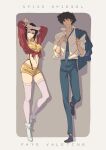  1boy 1girl absurdres blue_pants breasts character_name cigarette cowboy_bebop faye_valentine full_body green_eyes highres lipstick makeup minisky01 navel necktie pants sketch spike_spiegel spiked_hair white_footwear 