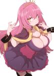  1girl breasts brown_cape cape cleavage closed_mouth crown dress hair_between_eyes hands_up highres large_breasts long_hair looking_at_viewer oda_nobunaga_(sengoku_collection) orange_eyes pink_hair purple_dress sengoku_collection simple_background solo sumiyao_(amam) underbust very_long_hair white_background wrist_belt 