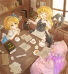  3girls alice_margatroid alice_margatroid_(pc-98) bangs blonde_hair blue_hairband blue_ribbon book braid chair commentary crescent cup dining_room hairband hat highres holding holding_book holding_cup kirisame_marisa long_hair looking_at_another multiple_girls mushroom one_eye_closed patchouli_knowledge purple_hair ribbon short_hair table tarumaru teacup teapot touhou window witch_hat yellow_eyes 