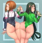  2girls absurdres adapted_costume aqua_background arm_at_side ass ass-to-ass ass_press asui_tsuyu backboob bangs black_eyes black_leotard blush_stickers boku_no_hero_academia bow-shaped_hair bracer breasts brown_eyes brown_hair closed_mouth commentary curvy english_commentary feet_out_of_frame framed from_behind gloves gradient_background green_hair green_leotard hair_over_shoulder hand_up heart highleg highleg_leotard highres holding_hands huge_ass interlocked_fingers kelvin_hiu kneepits large_breasts legs_together leotard long_hair long_sleeves looking_at_viewer low-tied_long_hair median_furrow motion_lines multiple_girls notice_lines pursed_lips short_hair side-by-side sidelocks skin_tight smile standing thick_thighs thighs turtleneck uraraka_ochako very_long_hair white_gloves 