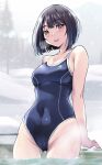  1girl arm_support ass_visible_through_thighs bangs black_hair blue_one-piece_swimsuit breasts commentary_request competition_school_swimsuit covered_navel cowboy_shot highres looking_at_viewer medium_breasts one-piece_swimsuit original red_eyes school_swimsuit shiruco short_hair smile solo swimsuit water 