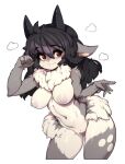  1girl absurdres animal_ears black_hair body_fur borrowed_character breasts commentary furry furry_female hair_between_eyes highres horns looking_at_viewer medium_breasts medium_hair navel nipples original red_eyes simple_background slugbox solo white_background white_fur 