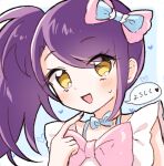  1girl :d bangs blue_background blue_bow bow hair_bow hand_up heart heart_background highres long_hair pink_bow pretty_(series) pripara pudding_(skymint_028) purple_hair smile solo sweat swept_bangs toudou_shion translation_request two-tone_background upper_body white_background yellow_eyes 