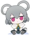  1girl :&lt; animal_ears bangs closed_mouth dowsing_rod full_body fumo_(doll) grey_hair highres looking_at_viewer mouse_ears mouse_girl mouse_tail nazrin red_eyes rei_(tonbo0430) short_hair simple_background sitting solo tail touhou white_background 