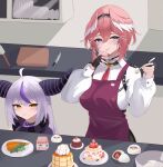  2girls absurdres ahoge apron bloop_(gawr_gura) blue_eyes bowl breasts broccoli cake carrot coat collar commentary counter cutting_board demon_girl dessert english_commentary food fruit gloves grey_hair head_wings highres holding holding_spoon hololive horns ice_cream kfsocks kitchen kitchen_knife la+_darknesss large_breasts long_sleeves milk_carton mixer_(cooking) multicolored_hair multiple_girls pancake pancake_stack pink_hair plate purple_coat purple_hair red_apron shirogane_noel shirt short_hair slit_pupils spatula spoon strawberry streaked_hair sweatdrop takane_lui tsukune_(takane_lui) tsumire_(takane_lui) virtual_youtuber white_shirt yellow_eyes 