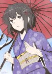  1girl artist_name bangs black_eyes black_hair haguro_(kancolle) hair_between_eyes hair_ornament highres holding holding_umbrella japanese_clothes kantai_collection kimono long_sleeves obi oil-paper_umbrella parted_lips purple_kimono sash short_hair signature snow solo taira_yuuki umbrella upper_body wide_sleeves 