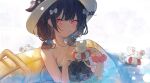  1girl bangs bare_arms bare_shoulders betabeet black_hair blush bow buoy closed_mouth collarbone commentary granblue_fantasy hair_between_eyes hair_bow hands_up hat highres holding looking_at_viewer low_twintails mouse partially_submerged pool red_eyes scrunchie sleep_bubble sleeping solo twintails upper_body vikala_(granblue_fantasy) white_bow wrist_scrunchie 