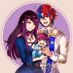  1boy 1girl alear_(fire_emblem) alear_(male)_(fire_emblem) arm_around_shoulder baby bangs blue_hair blush breasts cleavage couple crossed_bangs family fire_emblem fire_emblem_engage gzei happy hetero heterochromia highres husband_and_wife if_they_mated ivy_(fire_emblem) jewelry multicolored_hair parent_and_child purple_hair red_hair ring smile split-color_hair 
