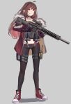  1girl absurdres ahoge ar-15 assault_rifle black_choker black_pants brown_eyes choker closed_mouth commission copyright_request full_body gar32 gloves grey_background gun headset highres holding holding_gun holding_weapon jacket midriff navel open_clothes open_jacket pants pointy_ears purple_gloves red_eyes red_footwear red_jacket rifle shoes simple_background solo standing thigh_pouch trigger_discipline walkie-talkie weapon 