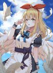  1girl apron bangs belt belt_bow bird black_dress blonde_hair blue_bow blue_sky blurry blush bow bowtie calder_(pixiv3698273) cloud cloudy_sky commentary_request day depth_of_field dress feathered_wings feathers green_eyes hair_between_eyes hair_ribbon hand_up highres long_hair looking_at_viewer maid maid_apron open_clothes open_mouth original outdoors puffy_short_sleeves puffy_sleeves red_ribbon ribbon short_sleeves sky solo striped striped_bow striped_bowtie upper_body white_bird wings wrist_cuffs 
