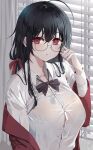  1girl absurdres ahoge azur_lane black_bow black_bowtie black_hair bow bowtie bra bra_visible_through_clothes breasts bross collared_shirt glasses hair_ribbon highres huge_ahoge jacket large_breasts long_hair long_sleeves looking_at_viewer loose_bowtie official_alternate_costume red_eyes red_jacket red_ribbon ribbon see-through see-through_shirt shirt solo taihou_(azur_lane) taihou_(sweet_time_after_school)_(azur_lane) taut_clothes taut_shirt underwear upper_body white_bra white_shirt window 