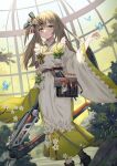  1girl absurdres apron bangs belt blonde_hair blush brown_belt bug butterfly calder_(pixiv3698273) closed_mouth clothing_request commentary_request feet_out_of_frame floral_print flower girls&#039;_frontline girls&#039;_frontline_neural_cloud hair_ornament hand_up highres holding holding_weapon indoors long_hair long_sleeves looking_at_viewer one_side_up rock sakuya_(girls&#039;_frontline_nc) smile solo standing tree weapon white_apron wide_sleeves x_hair_ornament yellow_eyes 