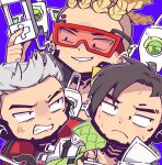  3boys anger_vein animification apex_legends black_eyes black_hair blonde_hair blue_background clenched_teeth collarbone cornrows crypto_(apex_legends) devil&#039;s_advocate_crypto frown hack_(apex_legends) highres hype_beast_crypto jacket looking_up male_focus multiple_boys multiple_persona nojima_minami non-humanoid_robot official_alternate_costume parted_lips red_jacket robot sanpaku smile smirk sunglasses teeth turn_pale wavy_mouth 