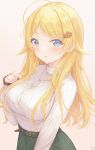  1girl :o ahoge blonde_hair blue_eyes blush breasts gameso green_skirt hachimiya_meguru highres idolmaster idolmaster_shiny_colors large_breasts long_hair long_sleeves looking_at_viewer ribbed_sweater simple_background skirt solo straight_hair sweater upper_body very_long_hair white_sweater 