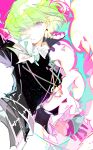  1boy androgynous black_shirt blue_background ezu_(e104mjd) highres light_green_hair lio_fotia long_sleeves looking_at_viewer male_focus multicolored_background pink_background promare red_eyes shirt short_hair solo white_background 