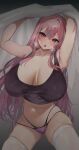  1girl :o armpits arms_up azur_lane bangs bare_arms bare_shoulders blanket blush breasts breasts_apart bremerton_(azur_lane) bremerton_(relaxation_consultation)_(azur_lane) cameltoe cleavage collarbone commentary crop_top english_commentary grey_hair highres huge_breasts looking_at_viewer mole mole_on_breast mole_under_eye multicolored_hair navel official_alternate_costume open_mouth panties pink_eyes pink_hair purple_panties pussy_juice satou_daiji sleeveless solo streaked_hair thighhighs thighs underwear white_thighhighs 