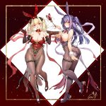  2girls animal_ears ass bangs bare_shoulders black_footwear blonde_hair blush breasts cleavage closed_mouth elbow_gloves fake_animal_ears fake_tail full_body gloves hair_intakes hair_ornament hands_up high_heels highres large_breasts leotard long_hair looking_at_viewer multiple_girls obiwan open_mouth original pantyhose playboy_bunny purple_footwear purple_hair purple_leotard purple_pantyhose rabbit_ears rabbit_tail red_eyes red_gloves red_leotard signature smile tail thighs twintails wrist_cuffs 