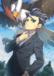  1boy adjusting_clothes adjusting_necktie bird black_eyes black_hair black_jacket black_pants buttons closed_mouth cloud collared_shirt commentary_request day frown hand_up highres jacket larry_(pokemon) long_sleeves looking_down male_focus necktie outdoors pants pokemon pokemon_(creature) pokemon_(game) pokemon_sv shirt short_hair sky staraptor zeroki_(izuno) 