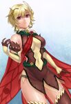  1girl absurdres alternate_costume bare_shoulders black_dress black_thighhighs blonde_hair blue_background breasts cape citrinne_(fire_emblem) commentary_request commission corrin_(female)_(fire_emblem) corrin_(female)_(fire_emblem)_(cosplay) corrin_(fire_emblem) cosplay covered_navel cowboy_shot dress earrings elbow_gloves fire_emblem fire_emblem_engage fire_emblem_heroes gloves gradient_background hazuki_(nyorosuke) highres hoop_earrings jewelry large_breasts looking_at_viewer parted_lips red_cape red_eyes shaded_face short_dress short_hair skeb_commission sleeveless sleeveless_dress solo standing thighhighs thighs white_background wing_hair_ornament 