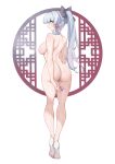  1girl absurdres ass back blue_eyes blush breasts condom condom_wrapper full_body genshin_impact high_heels highres kamisato_ayaka lamsass long_hair looking_at_viewer nude ponytail sideboob simple_background solo white_background 