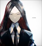  1other androgynous artist_name bangs black_hair black_jacket black_necktie bort closed_mouth collared_shirt colored_inner_hair colored_skin commentary_request expressionless gem_uniform_(houseki_no_kuni) houseki_no_kuni jacket k-suwabe long_hair looking_at_viewer multicolored_hair necktie other_focus parted_bangs portrait red_hair shirt solo straight-on two-tone_hair upper_body white_background white_shirt white_skin 