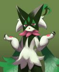  1other absurdres commentary_request cowboy_shot fang furry green_background hands_up highres jira_(ziraiya26) looking_at_viewer meowscarada open_mouth pink_eyes pokemon pokemon_(creature) simple_background solo standing tongue 