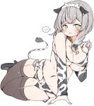  1girl animal_ears animal_print bangs bell bikini blush braid breasts cleavage cow_ears cow_horns cow_print cow_tail cowbell detached_sleeves garter_belt garter_straps green_eyes high_heels hololive horns kuma_no_bansoukou large_breasts looking_at_viewer navel shirogane_noel short_hair side-tie_bikini_bottom single_braid solo sweatdrop swimsuit tail thick_thighs thighhighs thighs virtual_youtuber 