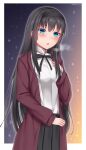  1girl :o bangs black_hair black_hairband black_ribbon black_skirt blue_eyes breath brown_jacket commentary_request hairband hand_on_own_chest highres jacket long_hair looking_at_viewer neck_ribbon open_clothes open_jacket ribbon shirt skirt snow snowing solo soukitsu tohno_akiha tsukihime tsukihime_(remake) twitter_username white_shirt 