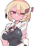  1girl bangs black_vest blonde_hair blush breasts closed_mouth hair_ribbon hand_on_own_chest large_breasts looking_at_viewer looking_back massakasama red_eyes red_ribbon ribbon rumia short_hair simple_background solo sweatdrop touhou upper_body vest white_background 