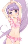  1girl armpits arms_up bangs bikini breasts cleavage floral_print highres long_hair manaka_non navel pink_bikini ponytail pretty_(series) print_bikini pripara purple_eyes purple_hair raxoko small_breasts smile solo swimsuit thighs very_long_hair 