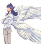  1boy alternate_costume closed_mouth crossed_arms facial_hair from_side hakumaioi4 leon_(pokemon) long_hair long_sleeves male_focus pants pokemon pokemon_(game) pokemon_swsh purple_hair sideways_glance simple_background sketch smile solo white_background wings yellow_eyes 