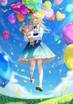  1girl :d absurdres animal_ears balloon bangs bird black_headband blonde_hair blue_dress blue_sky blush bow braided_sidelock brown_ribbon calder_(pixiv3698273) cloud collared_shirt colored_inner_hair commentary_request day dress facing_viewer fake_animal_ears floating flower frilled_dress frills full_body grass green_hair hair_flaps headband highres holding holding_flower loafers long_hair long_sleeves looking_ahead low_tied_sidelocks multicolored_hair neck_ribbon open_mouth orange_flower original outdoors pink_flower rabbit_ears ribbon shirt shoes sky smile socks solo teeth too_many_balloons upper_teeth_only white_bird white_flower white_shirt white_socks yellow_bow yellow_eyes 
