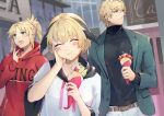  1boy 2girls bangs belt blonde_hair blush_stickers brother_and_sister contemporary crepe eating fate/grand_order fate_(series) food food_on_face gareth_(fate) gawain_(fate) green_eyes hand_on_own_face highres hood hoodie mordred_(fate) mordred_(fate/apocrypha) multiple_girls nakaga_eri pants ponytail red_hoodie siblings sisters smile white_hoodie white_pants 