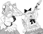 2girls absurdres alcohol bandaged_arm bandages bb_(baalbuddy) bottle bow bowtie breasts bun_cover closed_eyes commentary cup double_bun drinking drinking_glass english_commentary greyscale hair_bow hair_bun height_difference highres holding holding_bottle horns ibaraki_kasen ibuki_suika large_breasts monochrome multiple_girls open_mouth puffy_short_sleeves puffy_sleeves short_sleeves shot_glass simple_background skirt textless_version touhou white_background 