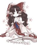  1girl ascot bangs blue_ascot blush boots bow brown_hair detached_sleeves floral_print frilled_bow frills gohei hair_bow hakurei_reimu highres holding holding_gohei japanese_clothes knee_boots long_hair looking_at_viewer miko sitting smile solo touhou umebitan very_long_hair wariza white_footwear wide_sleeves 