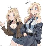  2girls absurdres bad_id bad_twitter_id bangs belt black_belt black_necktie blonde_hair blue_eyes blue_shorts breasts cleavage closed_mouth crossover detached_sleeves gar32 girls_und_panzer grey_jacket grey_skirt grin hand_on_hip highres hornet_(kancolle) jacket kantai_collection kay_(girls_und_panzer) leaning_forward long_hair looking_at_viewer multiple_girls necktie open_clothes open_jacket saunders_military_uniform shirt short_shorts shorts simple_background skirt smile thighhighs w white_background white_shirt white_thighhighs 