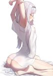  1girl ajishio_(loli_king) arched_back arms_up ass barefoot bottomless breasts check_commentary closed_mouth commentary commentary_request covered_nipples feet from_side grey_hair highres hololive long_hair murasaki_shion naked_shirt shirt short_sleeves sitting small_breasts solo stretching virtual_youtuber wariza white_background white_shirt 