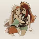 2girls bangs black_wristband brown_hair closed_eyes closed_mouth commentary dual_persona gloves green_(pokemon) green_shirt green_shorts hair_between_eyes hair_twirling hand_up hat leaf_(pokemon) lillin long_hair looking_at_another multiple_girls pokemon pokemon_(game) pokemon_frlg pokemon_lgpe shirt shorts skirt sleeveless sleeveless_shirt smile white_background white_gloves white_headwear wristband 