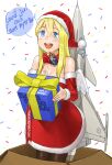  1girl aircraft airplane anyan_(jooho) bangs blonde_hair blue_eyes blush bow box breast_tattoo breasts cardboard_box coat_of_arms commentary_request confetti english_text fighter_jet flight_highschool gift hat highres jas-39_(flight_highschool) jet korean_commentary long_hair military military_vehicle original santa_costume santa_hat smile swedish_text tattoo thighhighs translated tre_kronor 