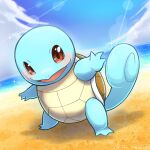 :d absurdres beach blush cloud commentary_request day full_body highres lens_flare light_rays looking_at_viewer no_humans open_mouth outdoors outstretched_arms partial_commentary pokemon pokemon_(creature) sand shore sky smile solo sparkle squirtle standing tkc_(user_snjd8547) water 