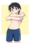  1girl absurdres bandaid bandaids_on_nipples black_hair blue_shorts breasts clothes_lift cowboy_shot ennui_orz flying_sweatdrops green_eyes highres navel original pasties shirt_lift short_hair shorts small_breasts solo sweatdrop tomboy undressing 