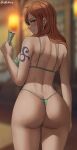  1girl arm_tattoo artist_name ass bare_arms bare_shoulders bikini blurry blurry_background blush breasts brown_eyes closed_mouth commentary from_behind green_bikini hand_up highleg highleg_bikini highres holding holding_money indoors long_hair looking_at_viewer looking_back medium_breasts money nami_(one_piece) one_piece orange_hair oroborus sidelocks signature simple_background smile solo striped striped_bikini swimsuit tattoo thighs thong thong_bikini 