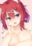  1girl :3 :d absurdres amairo_islenauts animal_ear_fluff animal_ears bangs blush breast_hold breasts cleavage collarbone commentary_request completely_nude covering covering_breasts fang hair_between_eyes hair_ornament hand_to_own_mouth hand_up head_tilt heart highres large_breasts looking_at_viewer masaki_gaillard medium_hair motion_lines nose_blush nude open_mouth outline pink_background purple_eyes raised_eyebrow red_hair seductive_smile segaxtu shiny_skin sidelocks simple_background smile smug solo sweatdrop upper_body white_outline wolf_ears wolf_girl x_hair_ornament 