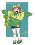  1girl animal_hood backpack bag bandaid bandaid_on_leg bangs brown_hair closed_eyes crocs english_text freckles frog_hood full_body girutea green_jacket green_nails hair_ornament hairclip highres hood hood_up indie_virtual_youtuber jacket lily_hopkins long_sleeves nail_polish open_mouth shorts solo standing virtual_youtuber yawning 