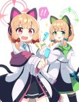  ! !! 2girls :d animal_ear_headphones animal_ears bangs black_skirt black_thighhighs blonde_hair blue_archive blue_bow blue_necktie bow collared_shirt commentary_request fake_animal_ears food frilled_jacket frills green_eyes hair_bow halo headphones highres holding holding_food jacket long_hair massala midori_(blue_archive) momoi_(blue_archive) multiple_girls necktie off_shoulder open_clothes open_jacket open_mouth pleated_skirt popsicle red_bow red_eyes shirt siblings sidelocks simple_background sisters skirt smile sparkle spoken_exclamation_mark standing tail tears thighhighs trembling twins v-shaped_eyebrows wavy_mouth white_background white_jacket white_shirt 
