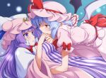  2girls bangs bat_wings blue_hair blush breasts cleavage commentary_request eichi_yuu eye_contact face-to-face from_side hat kiss kissing_hand long_hair looking_at_another medium_hair mob_cap multiple_girls parted_lips patchouli_knowledge pink_headwear profile purple_eyes purple_hair red_eyes remilia_scarlet touhou upper_body wings 