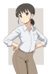  1girl absurdres bangs breasts brown_eyes brown_hair brown_pants collared_shirt contrapposto cowboy_shot ennui_orz hands_on_hips highres low_ponytail original pants shirt sidelocks sleeves_rolled_up small_breasts solo sweatdrop white_shirt 
